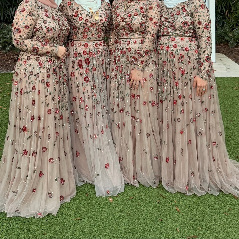Mac Duggal embellished, high neck, long sleeve A line gown